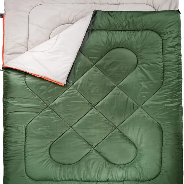 Amazon Basics Double Sleeping Bag for Adults, 40°F Cold Weather Two Person Camping Bag, Queen Size 87" x 59", Olive Green