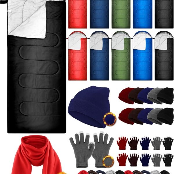 40 Pcs Sleeping Bags for Adult Bulk with Winter Beanie Hat Touch Screen Gloves Scarves, Waterproof Cotton Liner Cold Weather Sleeping Bag for Homeless Camping Indoor Outdoor