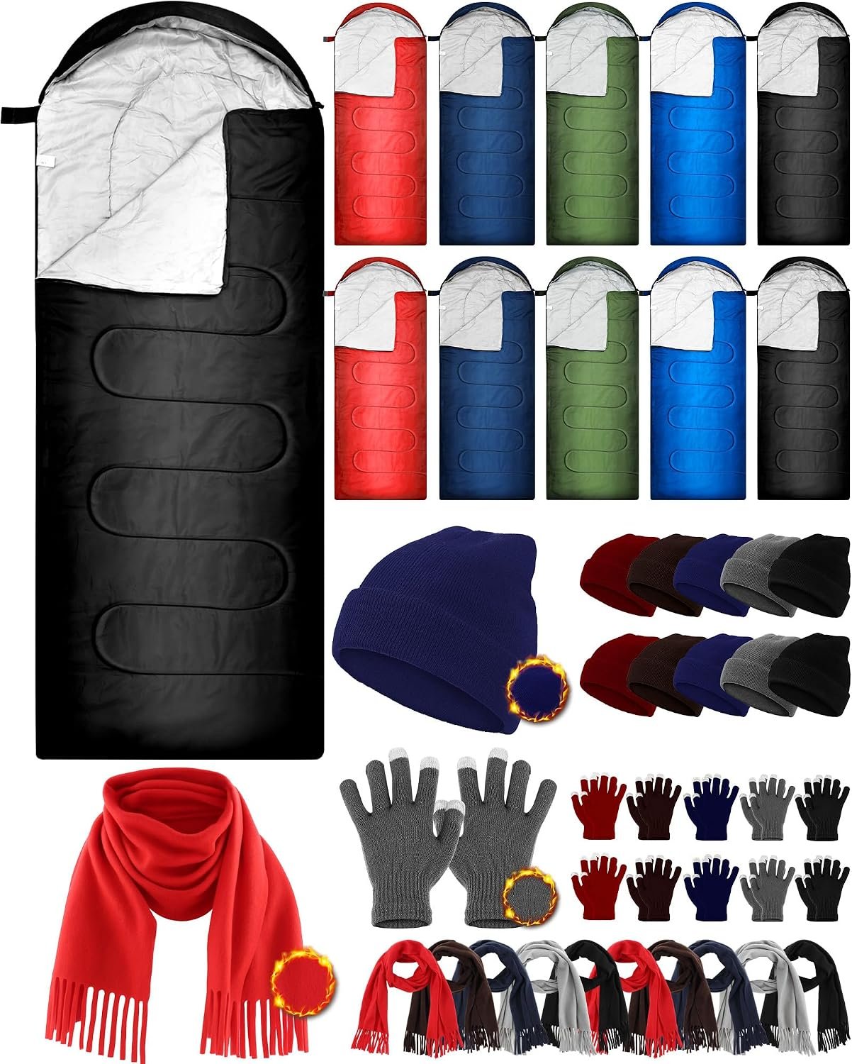 40 Pcs Sleeping Bags for Adult Bulk with Winter Beanie Hat Touch Screen Gloves Scarves, Waterproof Cotton Liner Cold Weather Sleeping Bag for Homeless Camping Indoor Outdoor
